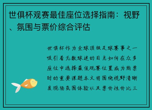 世俱杯观赛最佳座位选择指南：视野、氛围与票价综合评估